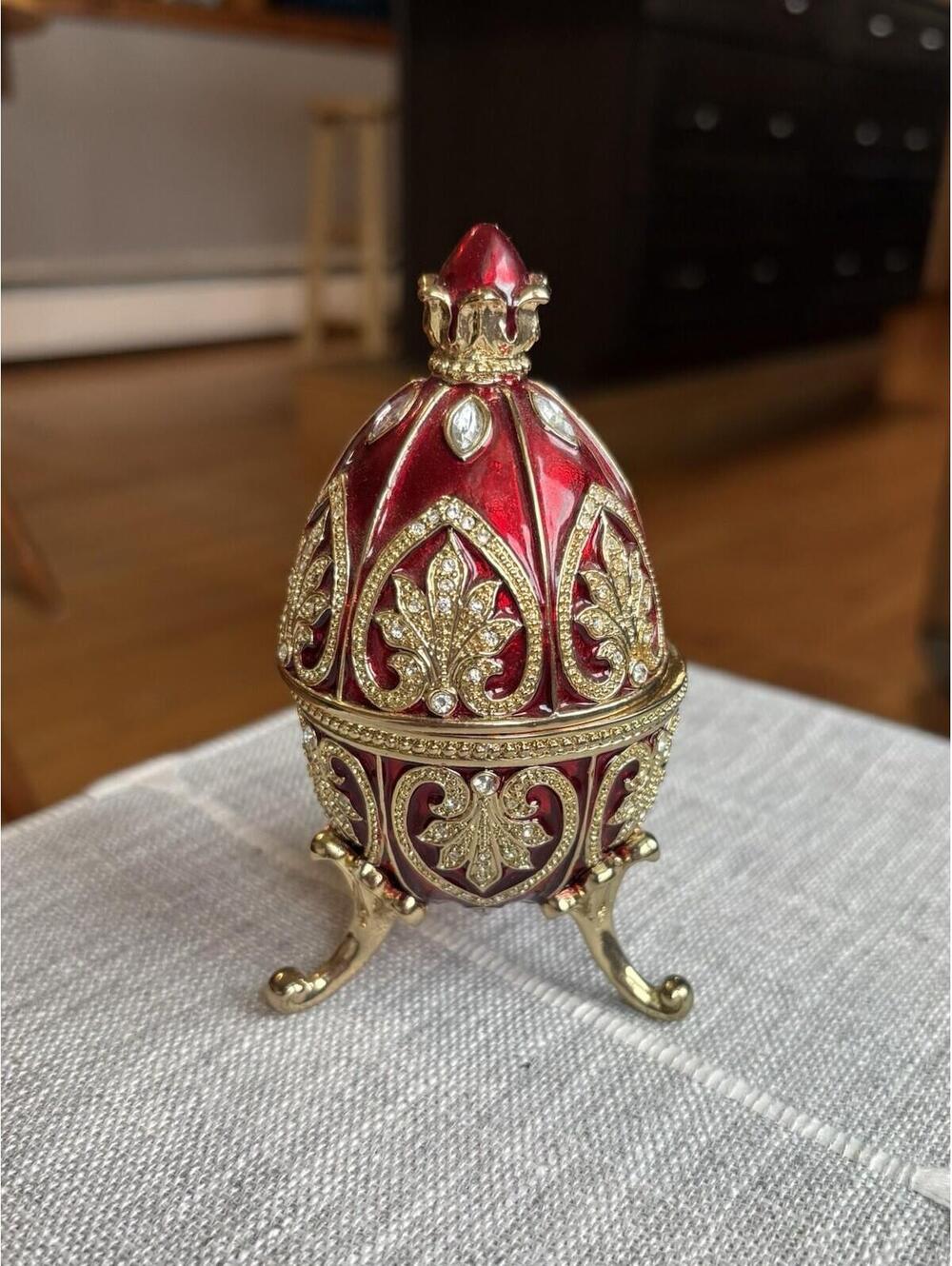 Keren Kopal Red Faberge Egg Trinket Box w/ Quartz Clock Gold Tone Rhinestones